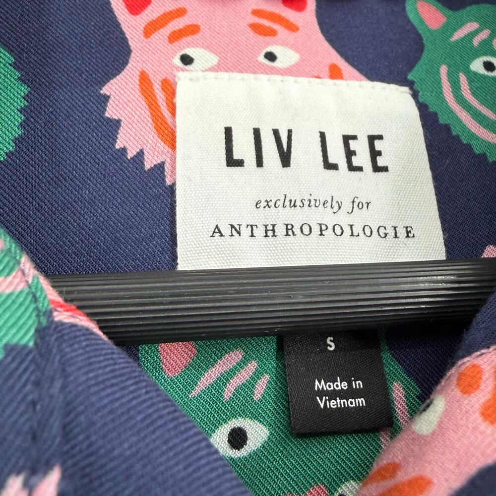 Anthropologie Liv Lee Small Navy Tigers Whimsy Buttondown Shirt Blouse Top - Picture 3 of 9